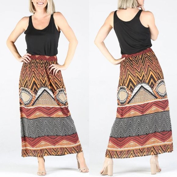 Nostalgia Aztec Print Maxi Skirt NWT • Rayon • Orange Black Red White • Long - Picture 1 of 3